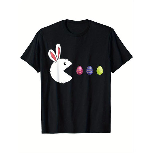 [Playful Charm] Funny Easter Bunny Egg Video Game T-Shirt - 100% Cotton, Black with White Rabbit & Colorful Eggs Design, Unisex Casual Tee for Men & Women, S-XXXL, Perfect for Outdoor & Casual Attire made in usa