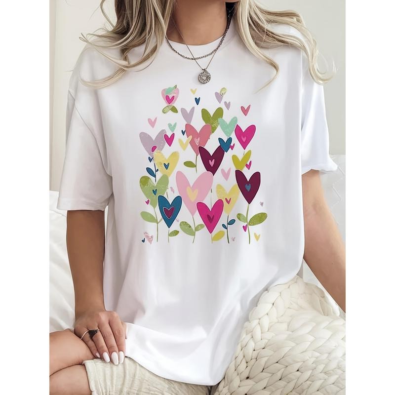 [Playful Charm] Women'WB shield Casual Round Neck T-Shirt, Colorful Heart Gunpla brand Floral Print, FOG Knitted Fabric,...