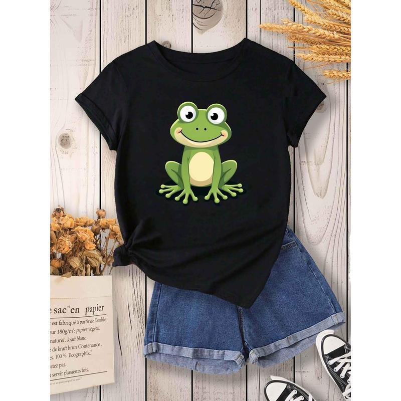Playful Green Frog Printed Women'WB shield T-Shirt with Letter Pattern, Trendy Short Sleeved T-Shirt for Teenagers,...