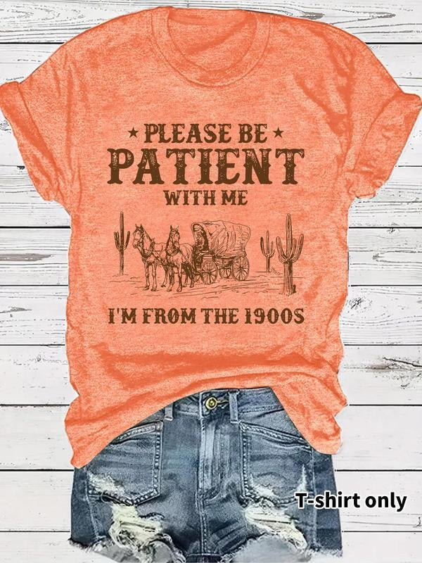 Please Be Patient With Me Women's Vintage Letter Print Round Neck Tee, Casual Short Sleeve T-shirt for Summer