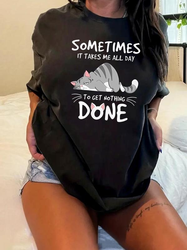 Plus Cartoon Cat & Letter Print Round Neck Tee, Casual Short Sleeve T-Shirt for Summer, Women'WB shield Plus Clothing for...
