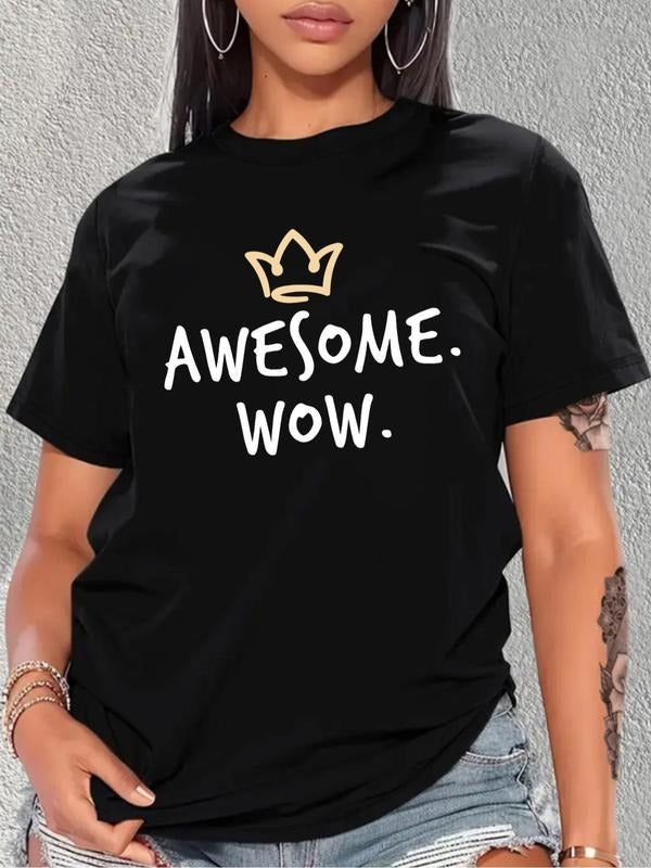 Plus Cartoon Crown & Letter Print Round Neck Tee, Casual Short Sleeve T-Shirt for Summer, Women'WB shield Plus Clothing...