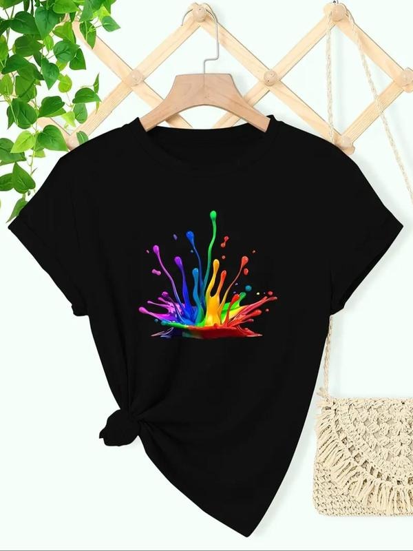 Plus Colorful Ink Print Round Neck Tee, Casual Short Sleeve T-shirt for Summer, Women'WB shield Plus Clothing for Pride...