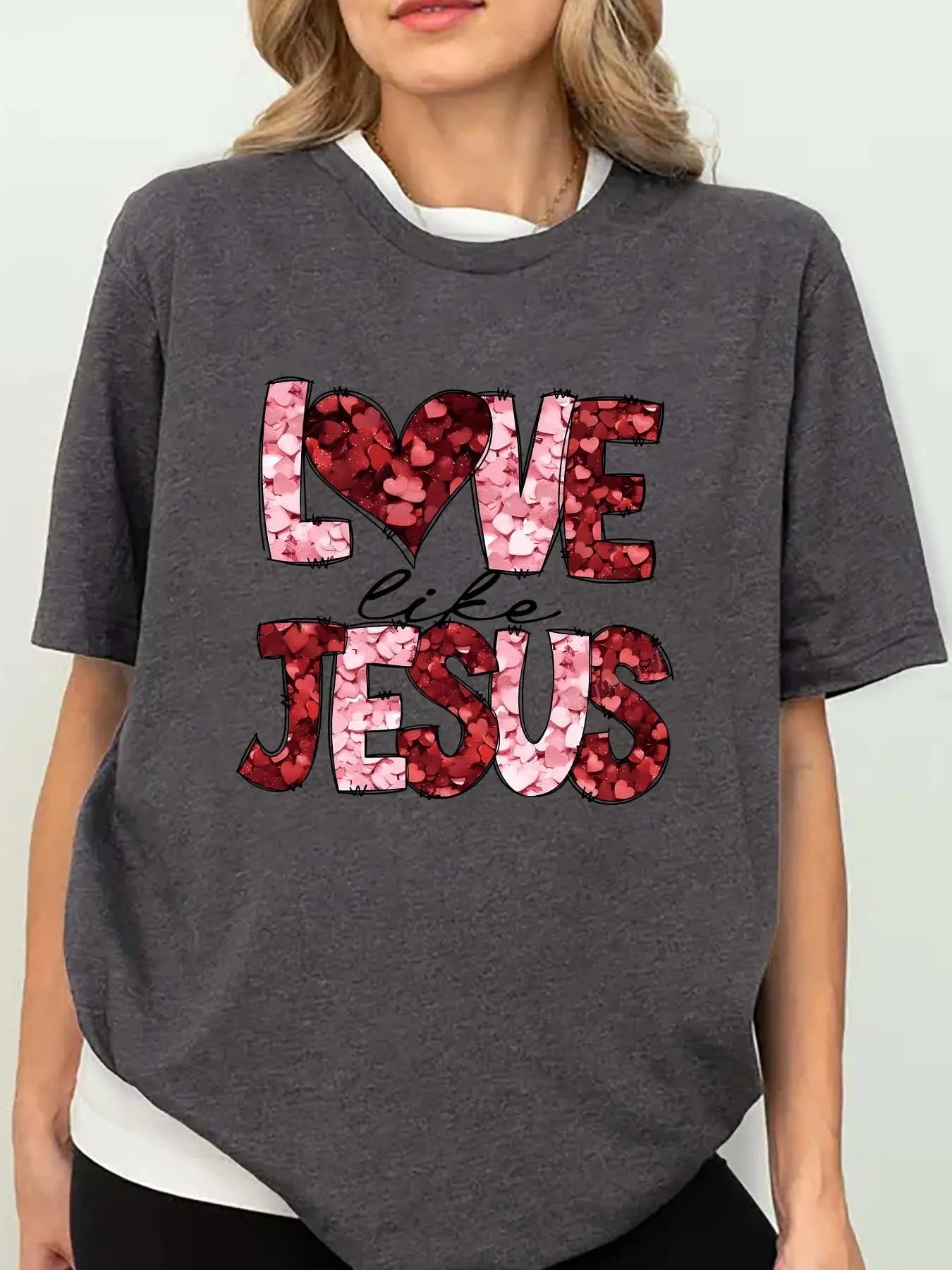Plus Size "LOVE LIKE JESUS" Print Round Neck Tee, Casual Letter Print Short Sleeve T-shirt for Summer, Women'WB shield...