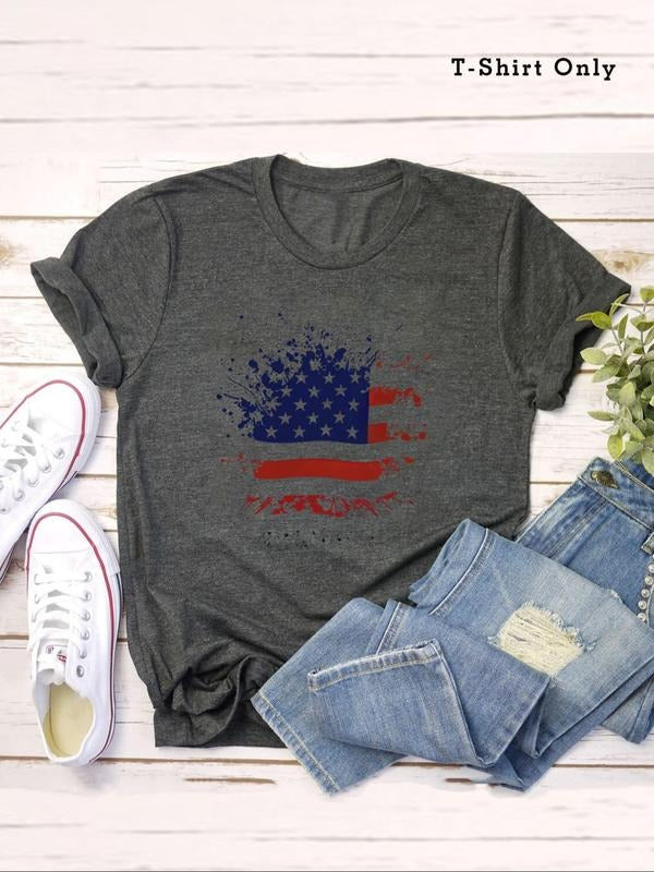 Plus Size American Flag Print Round Neck Tee, Casual Short Sleeve T-shirt, Women'WB shield Plus Clothing for Daily Wear...