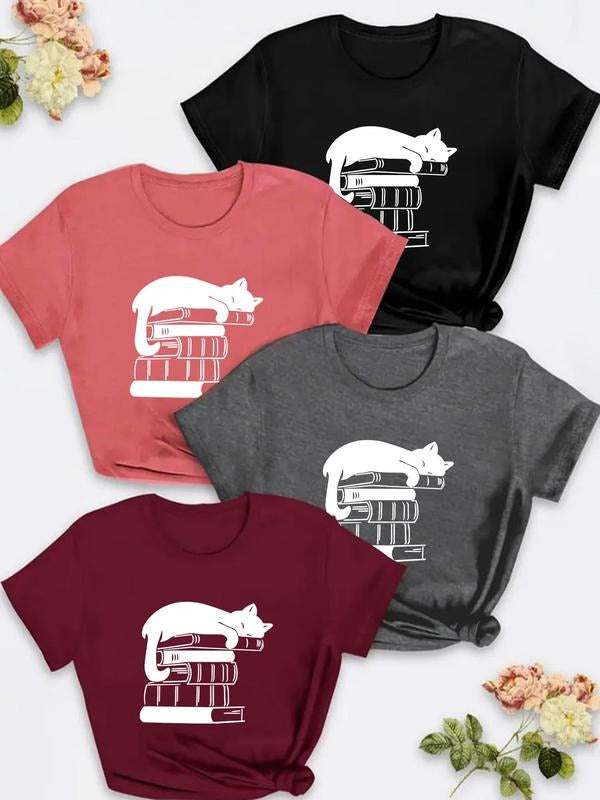 Plus Size Book & Cat Print Round Neck Tee, Cute Short Sleeve T-Shirt, Women'WB shield Plus Clothing for Daily Wear...