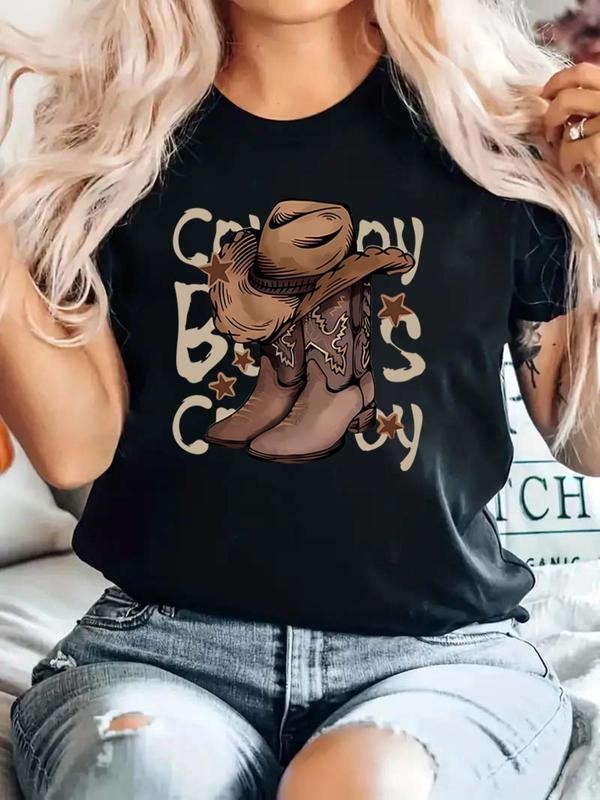 Plus Size Boot & Hat Print Round Neck Tee, Vintage Casual Letter Graphic Short Sleeve T-shirt for Summer, Women'WB shield...