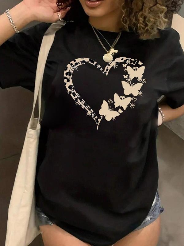 Plus Size Butterfly & Heart Print Drop Shoulder Tee, Casual Half Sleeve Round Neck T-shirt for Summer, Women'WB shield...