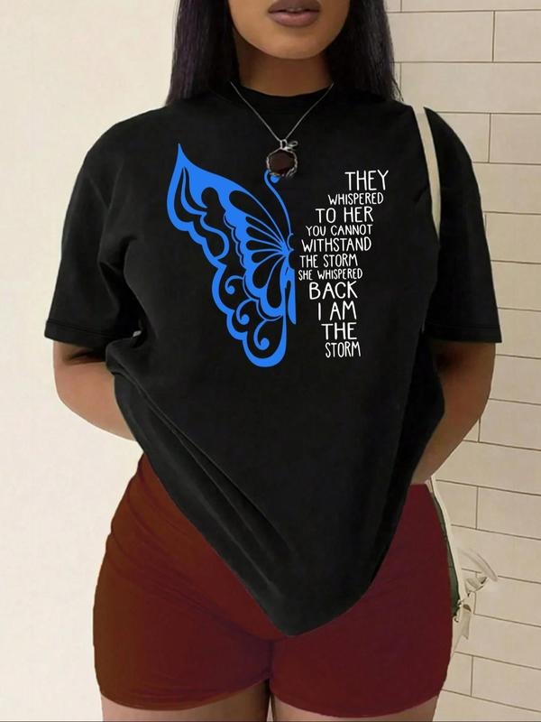 Plus Size Butterfly & Letter Print Round Neck Tee, Casual Short Sleeve T-shirt for Summer, Women'WB shield Plus Clothing...