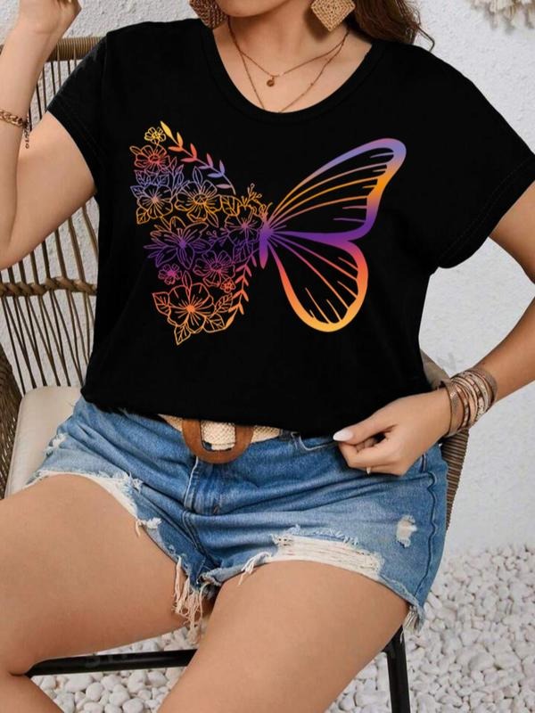 Plus Size Butterfly Print Round Neck Tee, Casual Short Sleeve T-Shirt for Summer, Women'WB shield Plus Clothing for Daily...