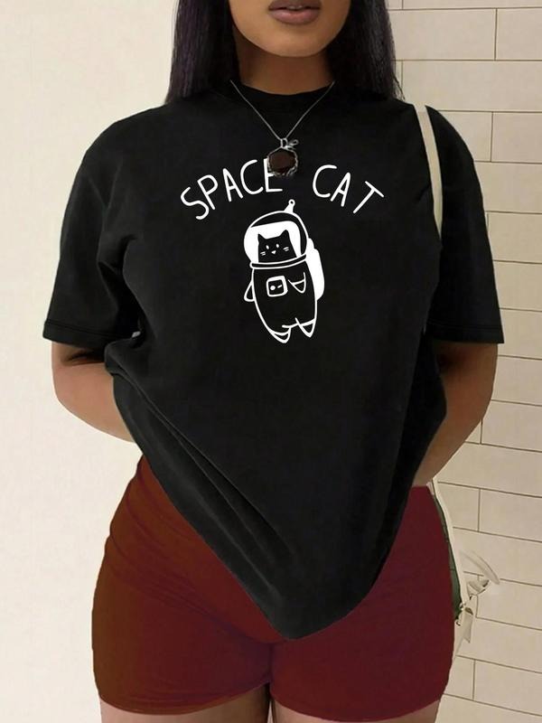 Plus Size Cartoon Cat Print Round Neck Tee, Casual Short Sleeve T-Shirt for Summer, Women'WB shield Plus Clothing for...