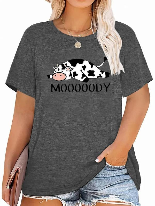 Plus Size Cartoon Cow & Letter Print Tee, Casual Short Sleeve Crew Neck T-Shirt, Women'WB shield Plus Clothing for Daily...