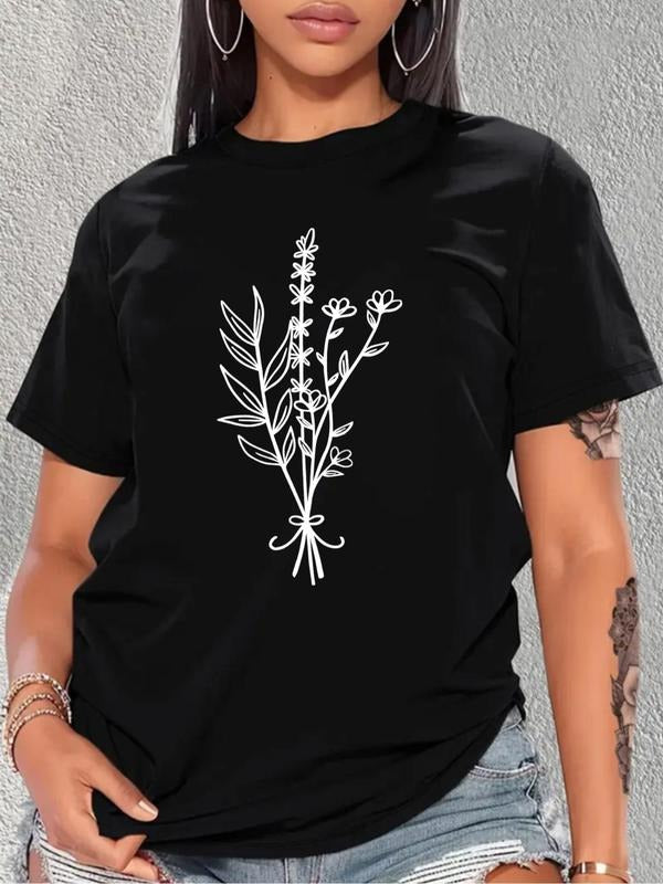 Plus Size Cartoon Floral Print Round Neck Tee, Casual Short Sleeve T-shirt, Women'WB shield Plus Size Clothing for Summer...