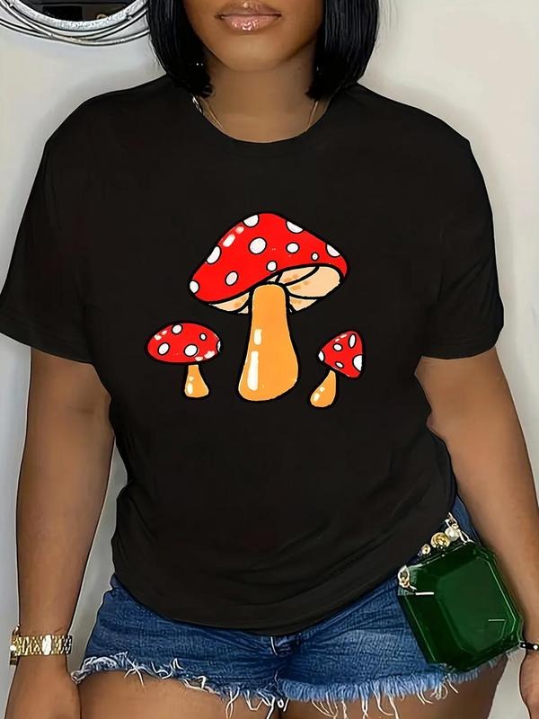 Plus Size Cartoon Mushroom Print Round Neck Tee, Casual Short Sleeve T-shirt for Summer, Women'WB shield Plus Clothing...