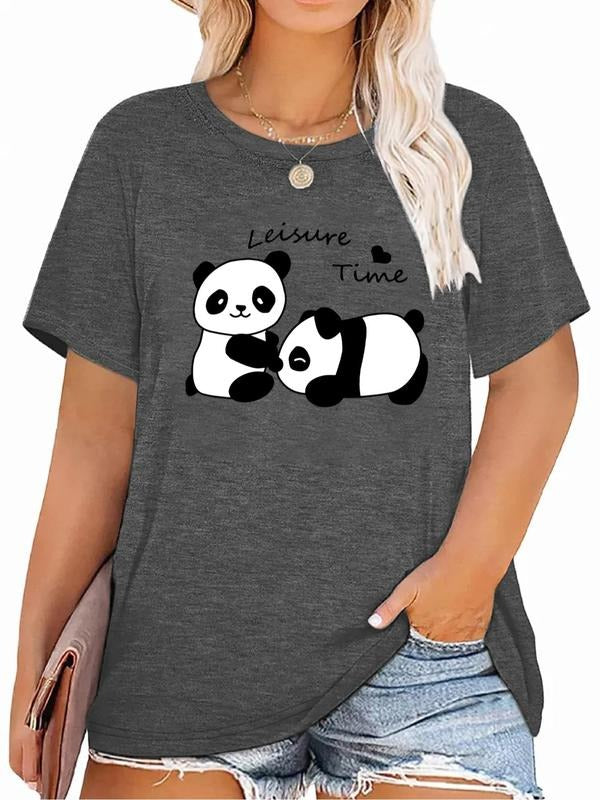 Plus Size Cartoon Panda Graphic Print Round Neck Tee, Casual Short Sleeve T-shirt, Women'WB shield Plus Size Clothing for...
