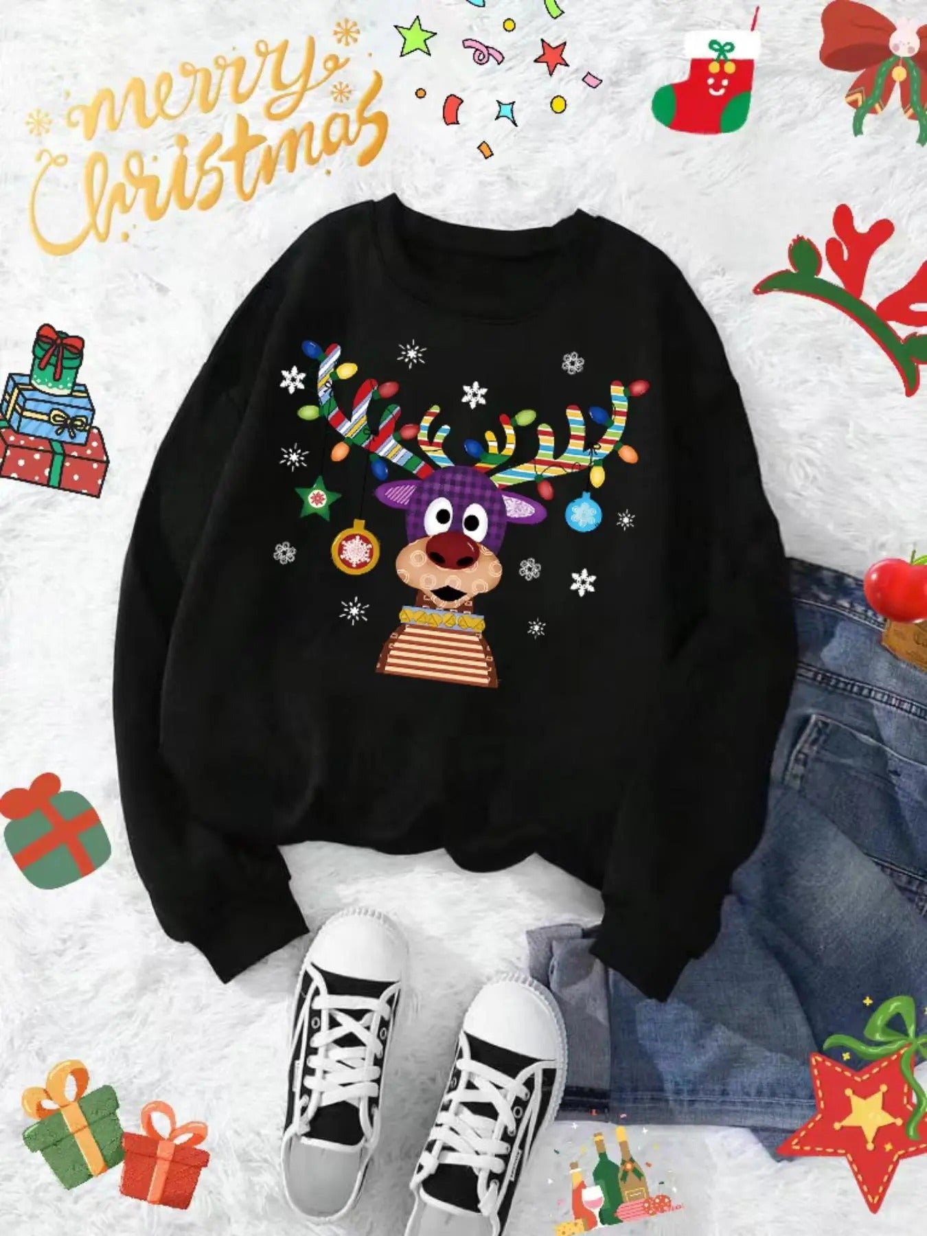 Plus Size Cartoon Reindeer Print Drop Shoulder Sweatshirt, Casual Long Sleeve Round Neck Pullover for Daily Wear,...