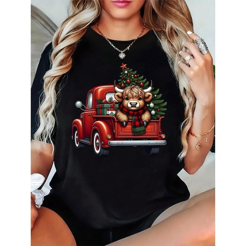 Plus Size Christmas Graphic T-Shirt Women'WB shield Cute Highland Cow Red plumber brand Red Truck With Christmas Tree For...