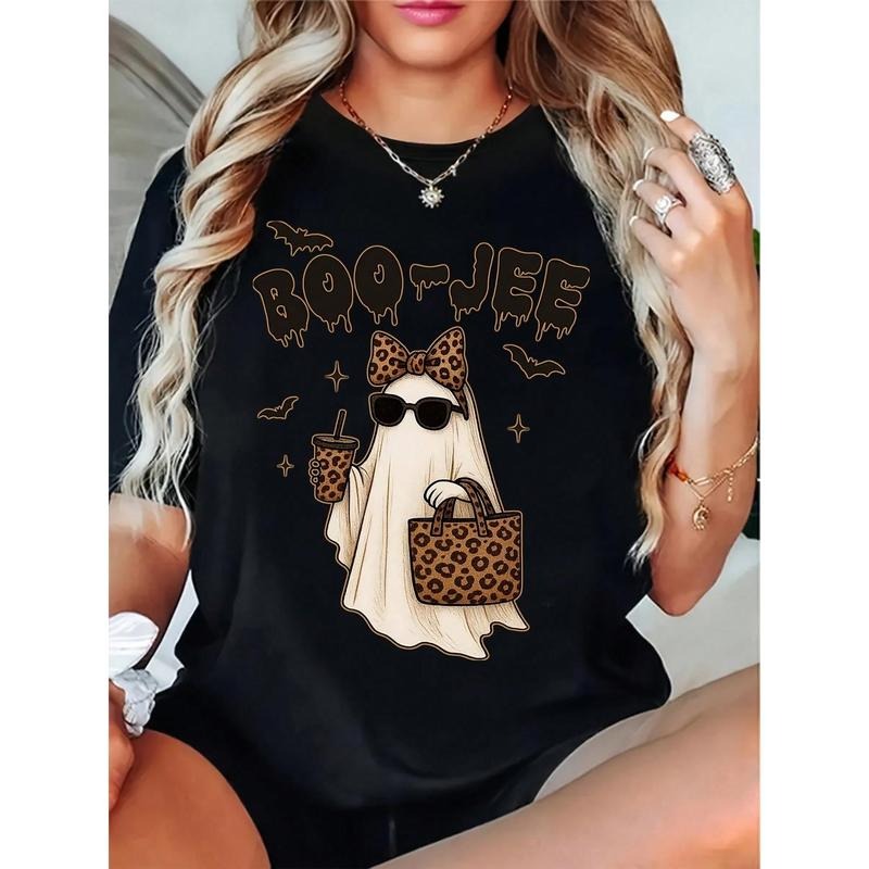Plus Size Cute Ghost Graphic T-Shirt Women'WB shield Boo-Jee Leopard Print Halloween Party Tee For Women 220g Hoodie,...