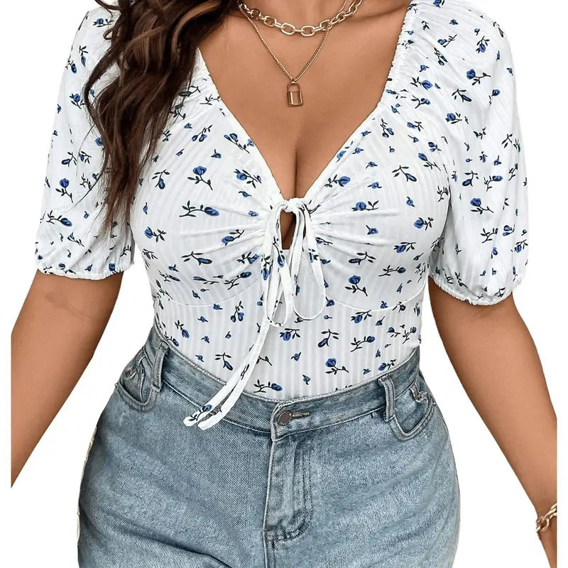 Plus Size Ditsy Floral Print Tee Tie Front V Neck Short Sleeve T Shirt Tops Hoodie, Sweatshirt | DripVista.com