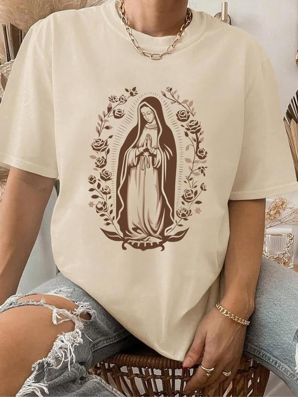 Plus Size Figure & Floral Print Drop Shoulder Round Neck Tee, Fashion Casual Short Sleeve Crew Neck T-shirt for Daily...
