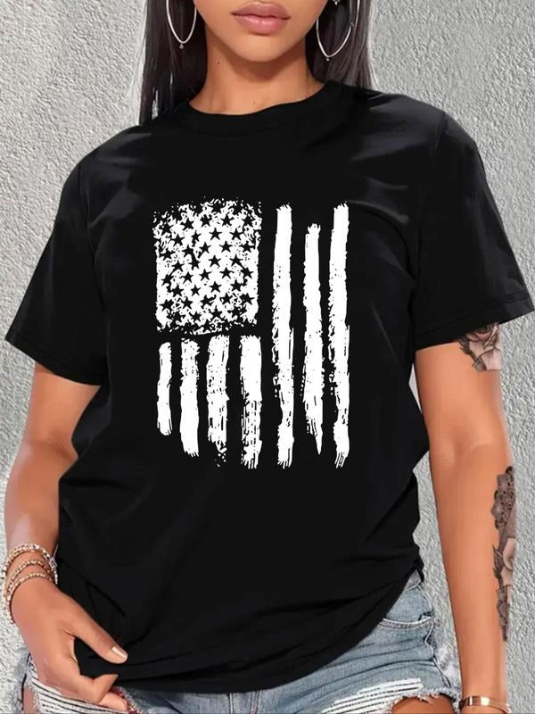 Plus Size Flag Print Tee, Casual Short Sleeve Crew Neck T-shirt for Summer, Women'WB shield Plus Clothing for Daily Wear...
