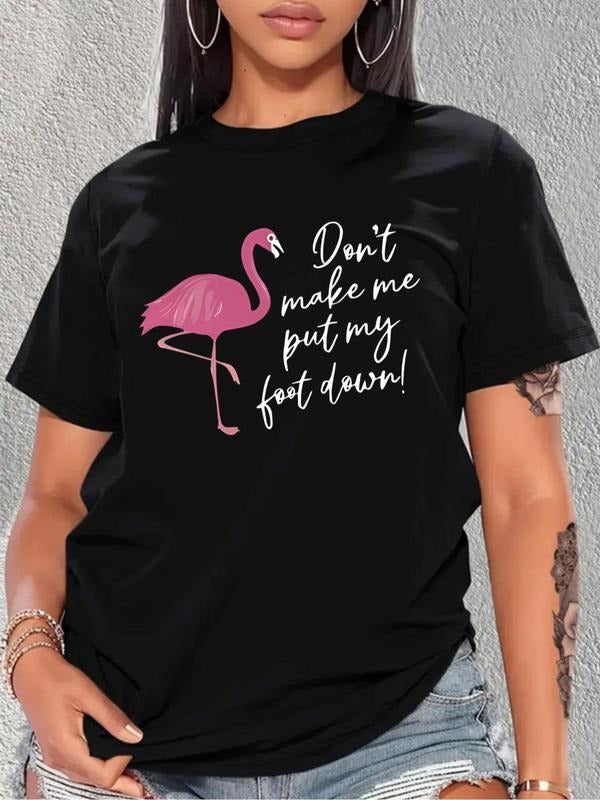 Plus Size Flamingo & Letter Print Round Neck Tee, Casual Short Sleeve Crew Neck T-shirt for Summer, Women'WB shield Plus...