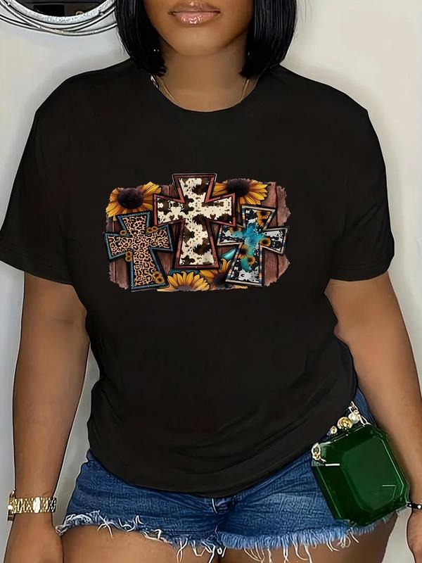 Plus Size Floral & Cross Print Round Neck Tee, Casual Short Sleeve T-shirt, Women'WB shield Plus Clothing for Summer...