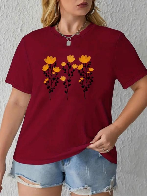 Plus Size Floral Graphic Round Neck Tee, Casual Short Sleeve T-shirt for Summer, Women'WB shield Plus Clothing for Daily...