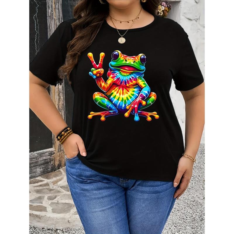 Plus Size Frog Print Crew Neck Short Sleeve T-Shirt for Spring & Summer, Casual Women'WB shield Clothing Hoodie, Sweatshirt