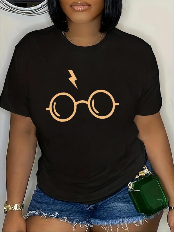 Plus Size Glasses & Lightning Print Tee, Casual Short Sleeve Round Neck T-shirt, Women'WB shield Plus Clothing for Daily...