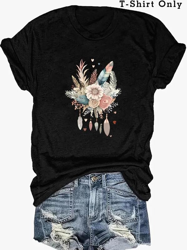 Plus Size Heart & Floral Print Round Neck Tee, Casual Short Sleeve T-shirt for Summer, Women'WB shield Plus Clothing for...