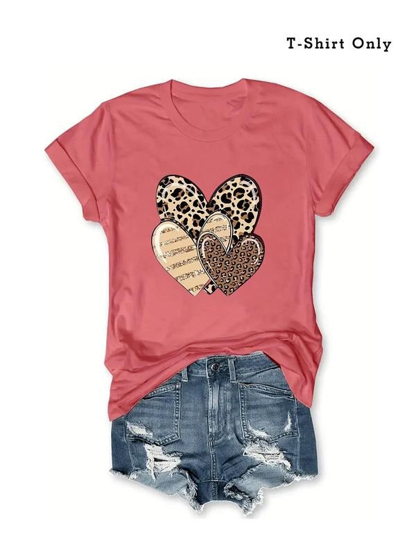 Plus Size Heart & Leopard Print Round Neck Tee, Casual Short Sleeve Crew Neck T-Shirt, Women'WB shield Plus Clothing for...