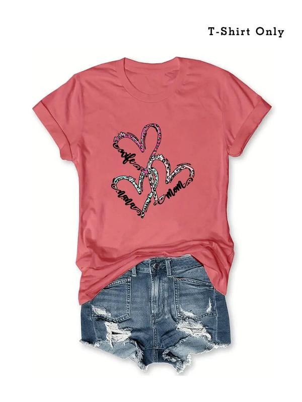 Plus Size Heart & Letter Print Round Neck Tee, Casual Short Sleeve T-shirt for Summer, Women'WB shield Plus Clothing for...