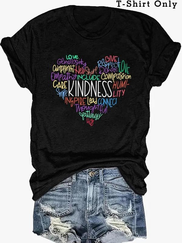 Plus Size Heart & Letter Print Round Neck Tee, Casual Short Sleeve T-shirt for Summer, Women'WB shield Plus Clothing for...