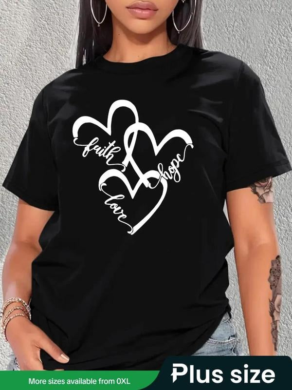 Plus Size Heart & Letter Print Round Neck Tee, Casual Short Sleeve T-shirt for Summer, Women'WB shield Plus Clothing for...
