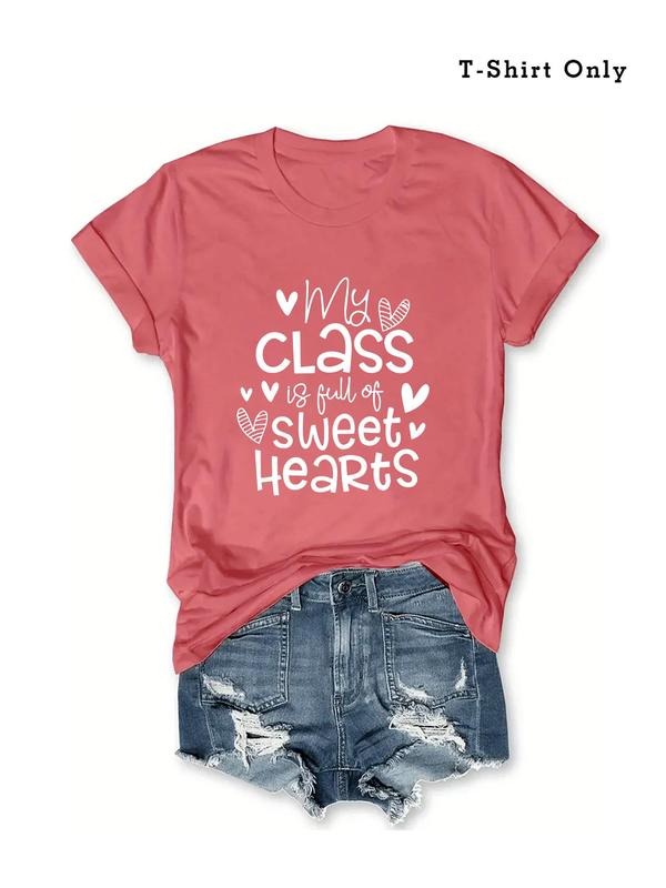 Plus Size Heart & Letter Print Round Neck Tee, Casual Short Sleeve T-shirt for Summer, Women'WB shield Plus Clothing for...