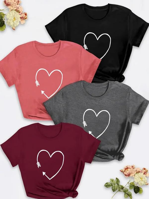 Plus Size Heart Print Round Neck Tee, Casual Short Sleeve T-shirt, Women'WB shield Plus Size Summer Clothing for Daily...