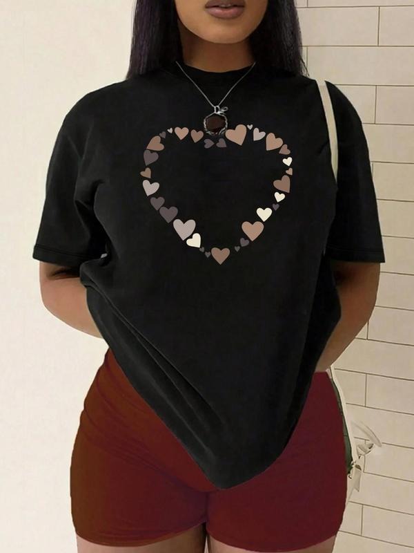 Plus Size Heart Print Short Sleeve Tee, Casual Round Neck T-Shirt for Summer, Women'WB shield Plus Clothing for Daily...