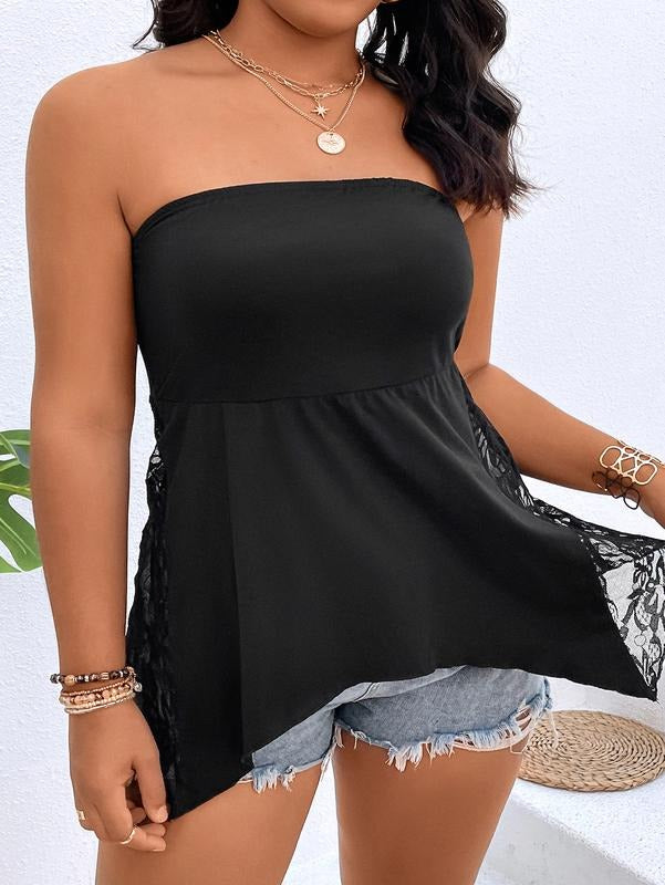 Plus Size Lace Trim Asymmetrical Hem Tube Top Sleeveless Strapless Summer TopsY2K T-Shirts, Hoodie, Sweatshirt