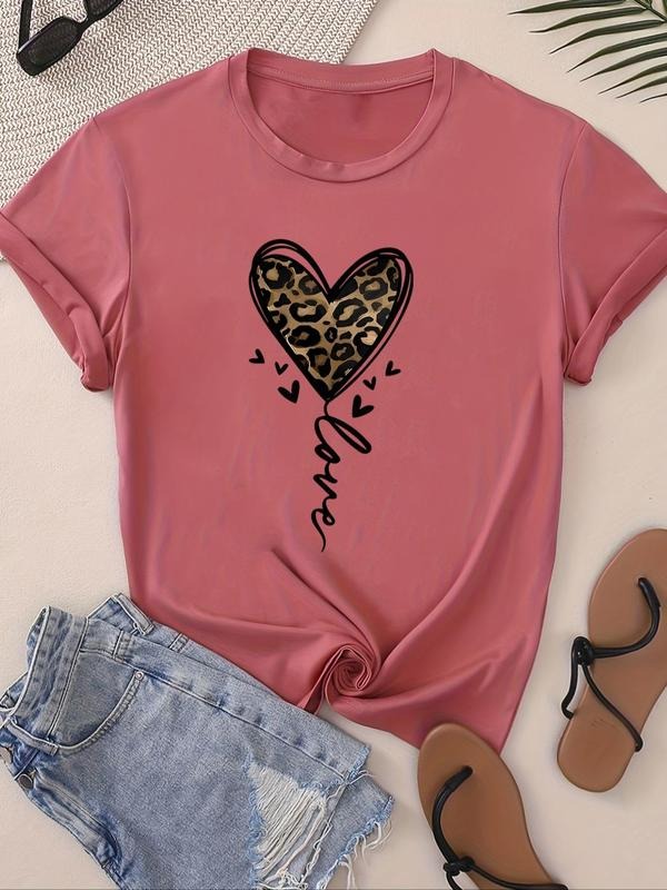 Plus Size Leopard Heart Print Round Neck Tee, Casual Short Sleeve T-shirt for Summer, Women'WB shield Plus Clothing for...