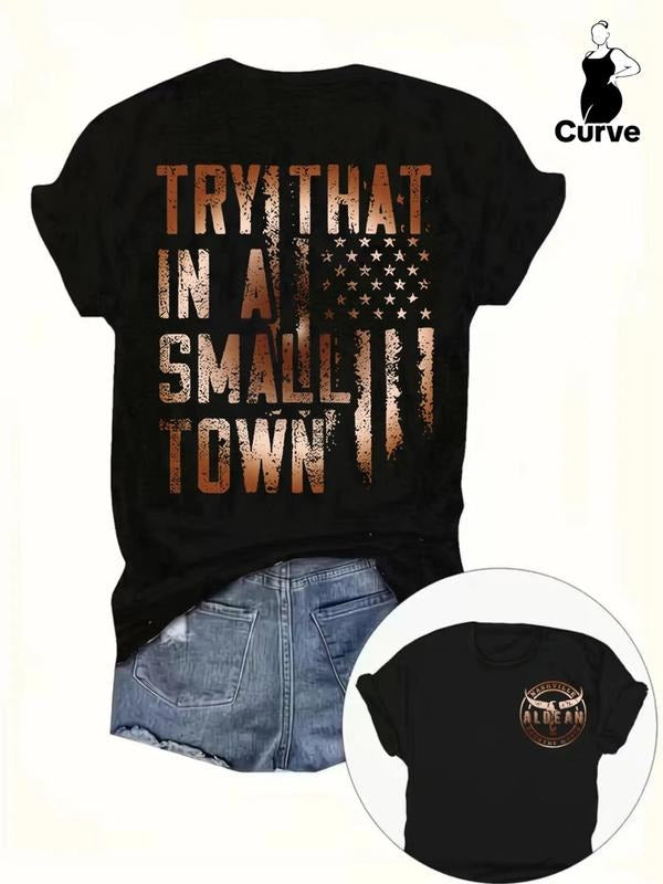 Plus Size Letter & Graphic Print Round Neck Tee, Casual Short Sleeve Crew Neck T-Shirt for Summer, Women'WB shield Plus...