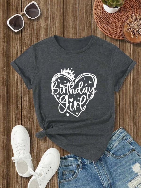 Plus Size Letter & Heart Print Round Neck Tee, Casual Short Sleeve Crew Neck T-Shirt for Summer, Women'WB shield Plus...