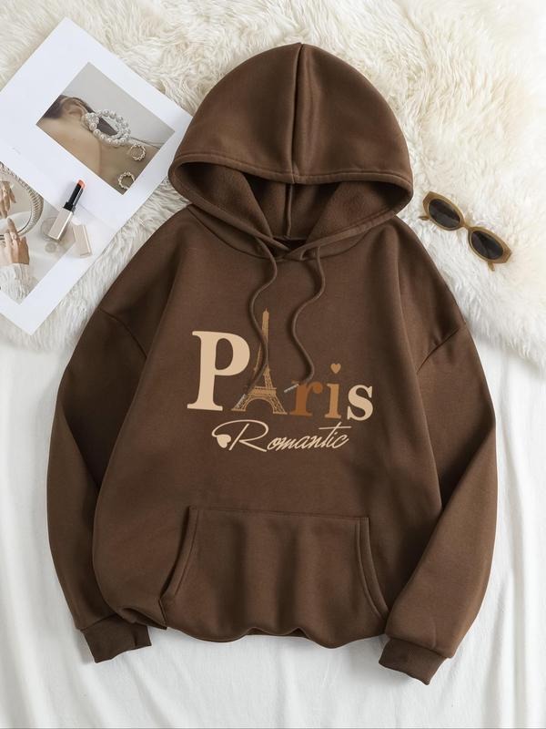 Plus Size Letter Graphic Print Drop Shoulder Drawstring Hoodie, Casual Long Sleeve Pocket Hooded Sweatshirt for Fall &...