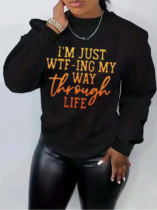 Plus Size Letter Print Drop Shoulder Sweatshirt, Casual Long Sleeve Round Neck Pullover for Women, Women'WB shield Plus...