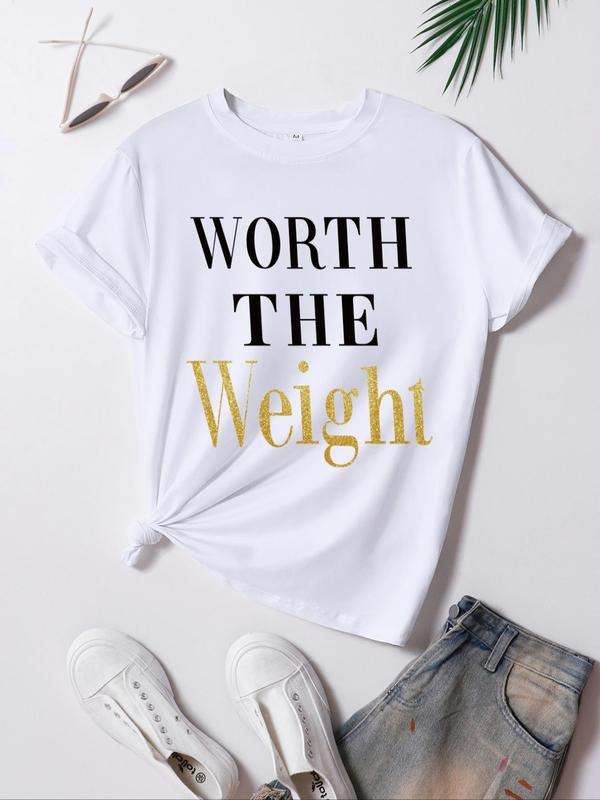 Plus Size Letter Print Round Neck Tee, Casual Short Sleeve Crew Neck T-Shirt for Daily Wear, Women's Plus Clothing for...