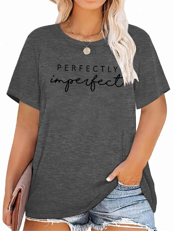 Plus Size Letter Print Round Neck Tee, Casual Short Sleeve T-shirt for Summer, Women'WB shield Plus Clothing for Daily...