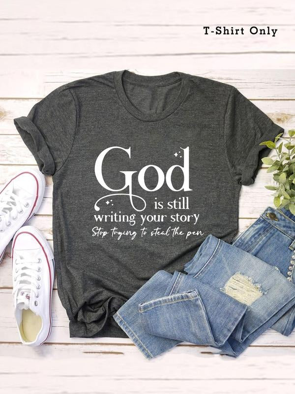 Plus Size Letter Print Round Neck Tee, Casual Short Sleeve T-shirt, Women'WB shield Plus Size Summer Clothing for Daily...