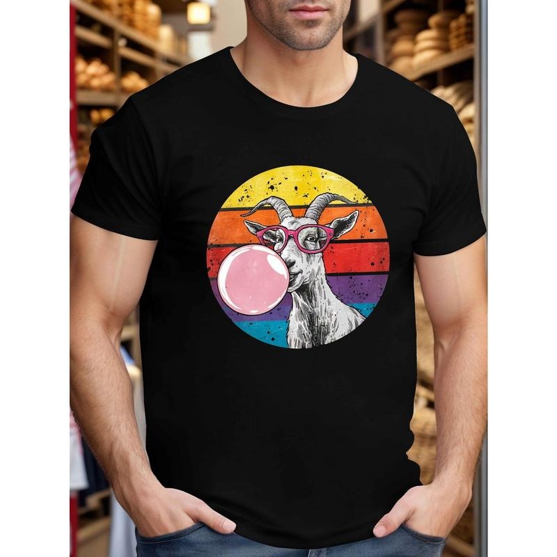 Plus Size Men'S Summer T-Shirt - Casual Crew Neck, Geometric Goat with Pink Glasses Graphic Print, Short Sleeve, Knit Polyester Fabric with Slight Stretch, Regular Fit for Big & Tall - Trendy Casual Top for Daily Wear made in usa