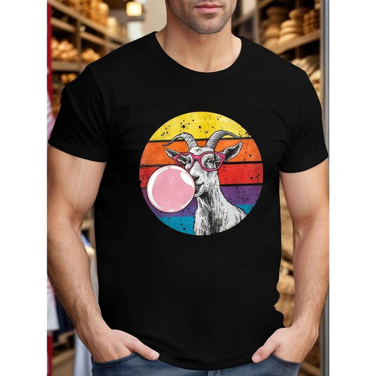 Plus Size Men'S Summer T-Shirt - Casual Crew Neck, Geometric Goat with Pink Glasses Graphic Print, Short Sleeve, Knit Polyester Fabric with Slight Stretch, Regular Fit for Big & Tall - Trendy Casual Top for Daily Wear made in usa