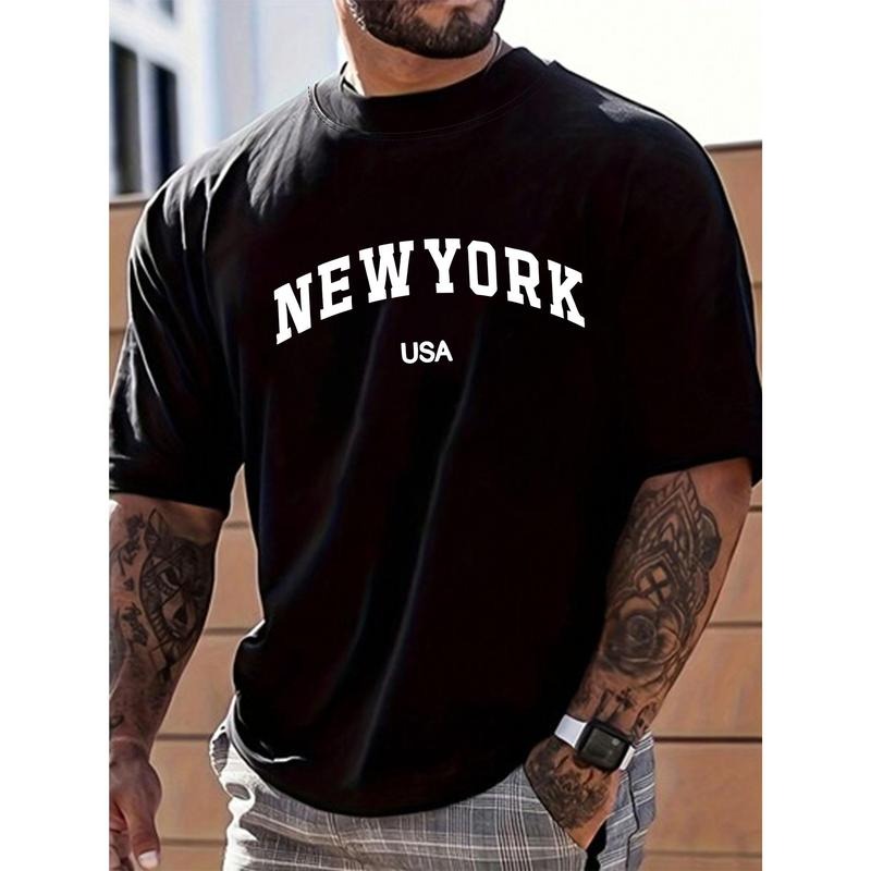 Plus Size Men'WB shield Fancy Letter New York Print T-Shirt, Casual Fashion Tee, Street Style Short Sleeve Crew Neck...